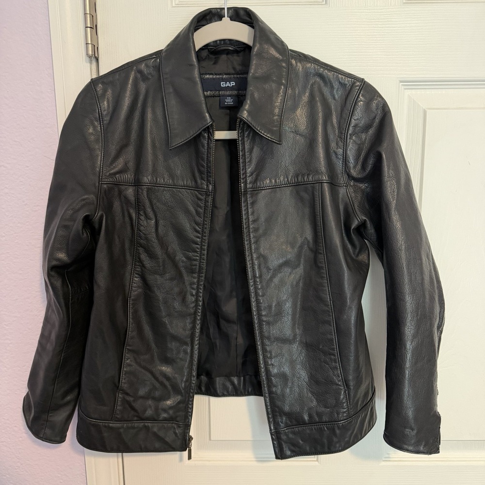 Vtg '02 Gap Black Leather Jacket Women XS Full Zip Moto Bomber Trucker Y2K Clean